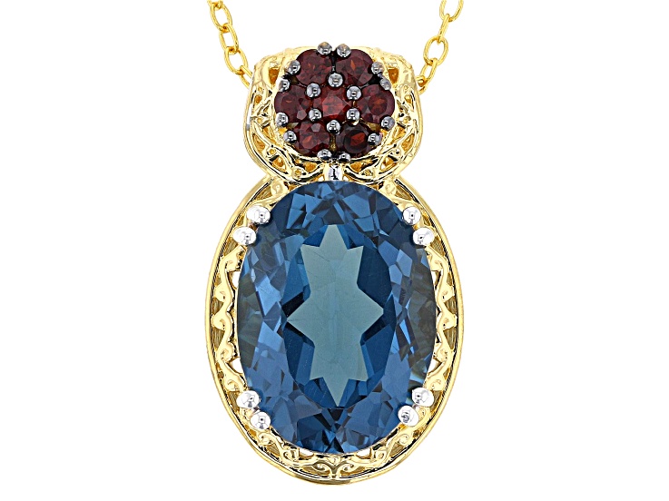 London Blue Topaz, Garnet Rhodium/24k Gold Over Palladium Sterling Silver Pendant W/Chain 11.16ctw