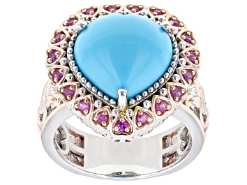 Picture of Blue Sleeping Beauty Turquoise, Sapphire Rhodium/18k Gold Over Palladium Silver Ring 0.25ctw