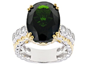 Green Chrome Diopside, White Zircon Rhodium & 24k Gold Over Palladium Sterling Silver Ring 11.30ctw