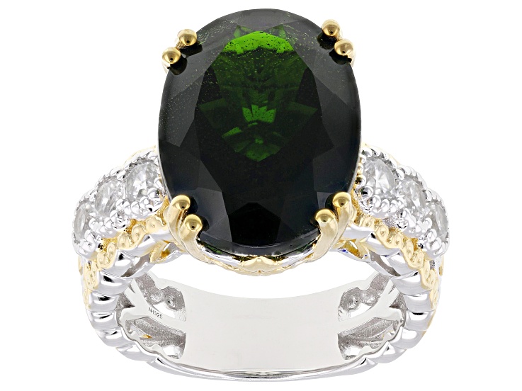 Green Chrome Diopside, White Zircon Rhodium & 24k Gold Over Palladium Sterling Silver Ring 11.30ctw