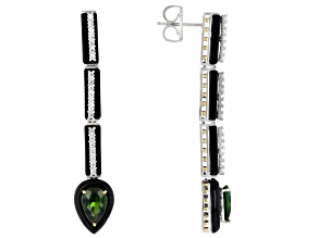 Green Chrome Diopside, Onyx, Zircon Rhodium/24k Gold Over Palladium Silver Earrings 3.37ctw