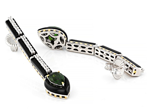 Green Chrome Diopside, Onyx, Zircon Rhodium/24k Gold Over Palladium Silver Earrings 3.37ctw
