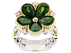 Green Chrome Diopside, White Zircon Rhodium & 24k Gold Over Palladium Silver Flower Ring 6.01ctw