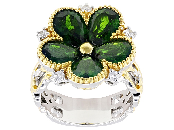 Green Chrome Diopside, White Zircon Rhodium & 24k Gold Over Palladium Silver Flower Ring 6.01ctw