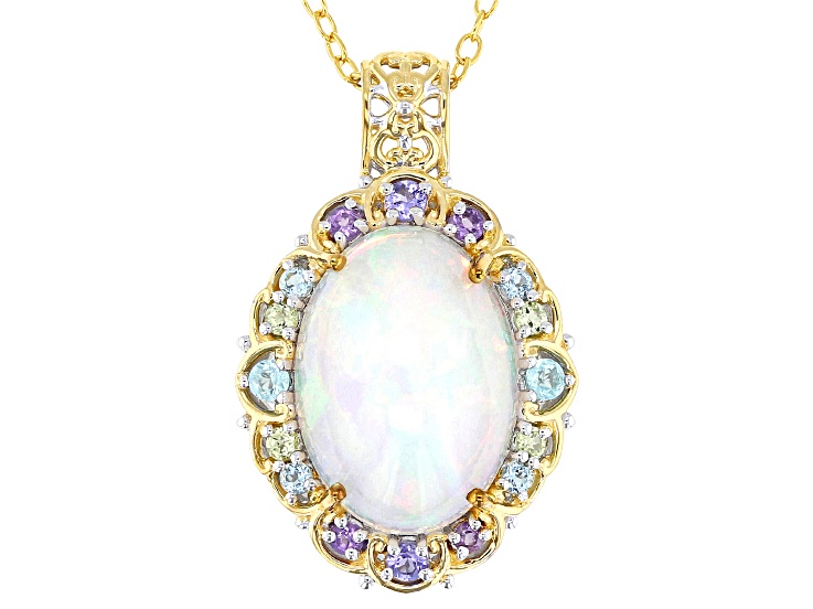 Multi-Color Ethiopian Opal Rhodium/24k Gold Over Palladium Silver Pendant W/ Chain 2.13ctw