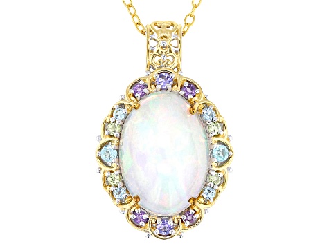 Multi-Color Ethiopian Opal Rhodium/24k Gold Over Palladium Silver Pendant W/ Chain 2.13ctw