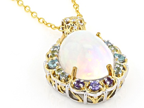 Multi-Color Ethiopian Opal Rhodium/24k Gold Over Palladium Silver Pendant W/ Chain 2.13ctw