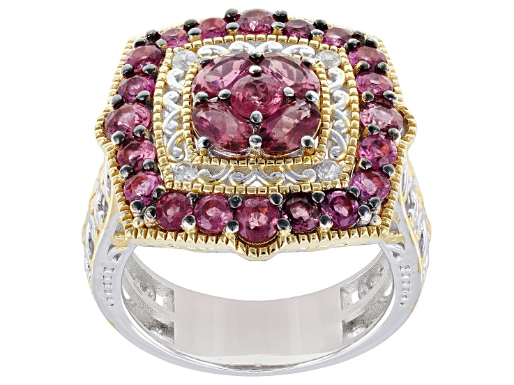 Red Rubellite, White Zircon Rhodium & 24k Gold Over Palladium Sterling Silver Ring 2.48ctw