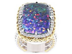 Australian Opal, White Zircon Rhodium & 24k Gold Over Palladium Sterling Silver Ring 0.88ctw