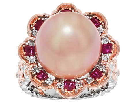 Rose Cultured Edison Pearl & Ruby Rhodium And 18k Rose Gold Over Pallidum Silver Ring 0.96ctw