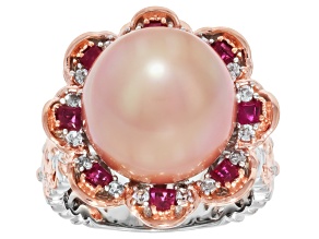 Rose Cultured Edison Pearl & Ruby Rhodium And 18k Rose Gold Over Pallidum Silver Ring 0.96ctw