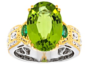Peridot & Grizzly Emerald Rhodium/24k Yellow Gold Over Palladium Sterling Silver Ring 7.23ctw