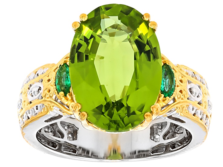 Peridot & Grizzly Emerald Rhodium/24k Yellow Gold Over Palladium Sterling Silver Ring 7.23ctw
