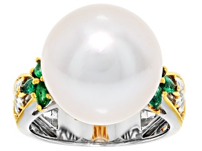 Cultured Edison Pearl, Grizzly Emerald Rhodium/24k Yellow Gold Over Pallidum Silver Ring 0.40ctw