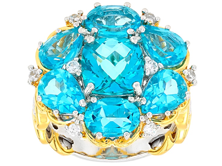 Paraiba Topaz With Zircon 24k Yellow Gold And Rhodium Over Palladium Sterling Silver Ring 6.75ctw