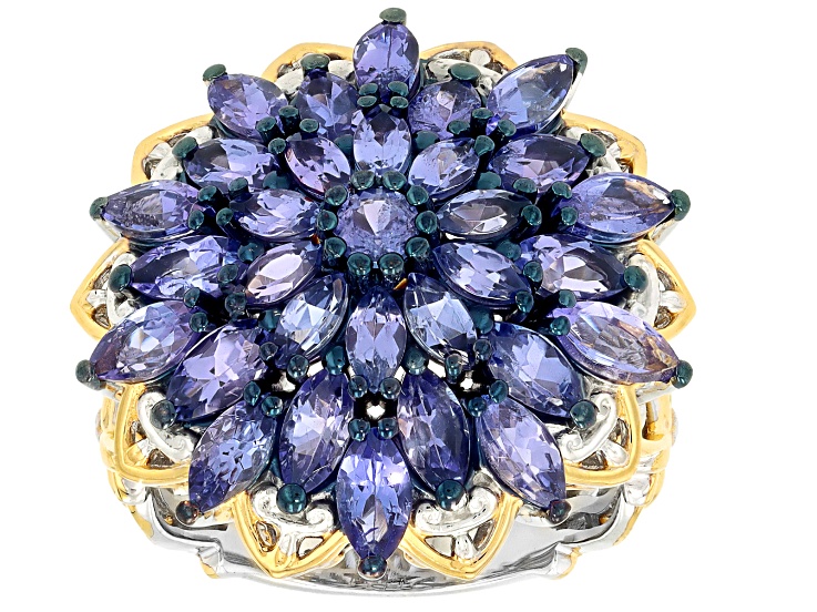 Tanzanite 24k Yellow Gold And Rhodium Over Pallidum Sterling Silver Cluster Ring 3.96ctw