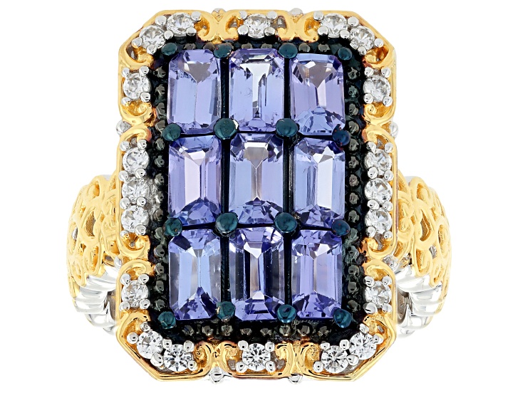 Tanzanite, Zircon Rhodium & 24K Yellow Gold Over Palladium Sterling Silver Ring 2.83ctw