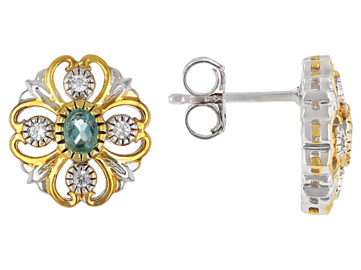 Dauphin Apatite With White Zircon Rhod/24k Gold Over Palladium Sterling Silver Earrings 0.54ctw
