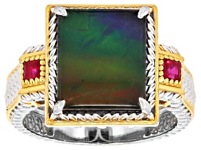Ammolite Triplet With Ruby Rhodium And 24k Gold Over Palladium Sterling Silver Ring 0.18ctw