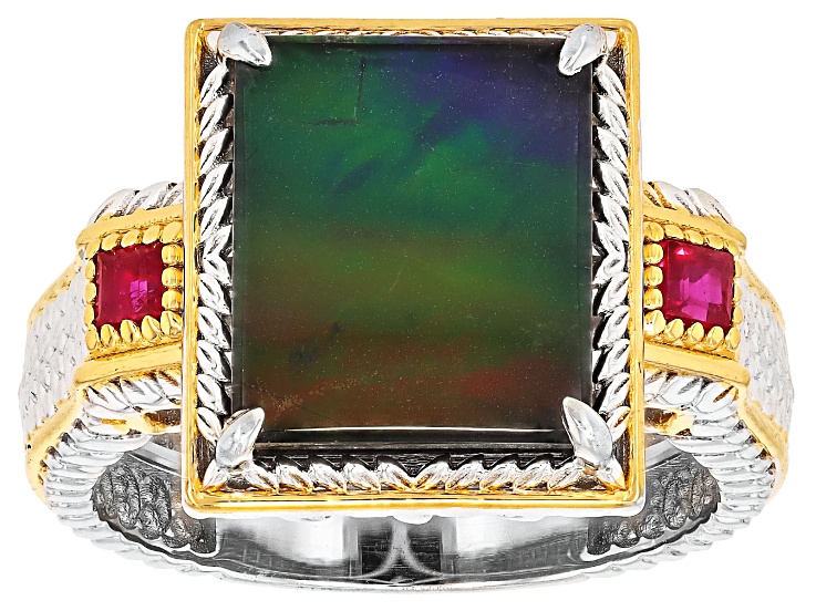Ammolite Triplet With Ruby Rhodium And 24k Gold Over Palladium Sterling Silver Ring 0.18ctw