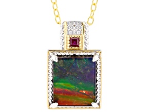 Ammolite Triplet With Ruby Rhodium And 24k Gold Over Palladium Sterling Silver Pendant With Chain
