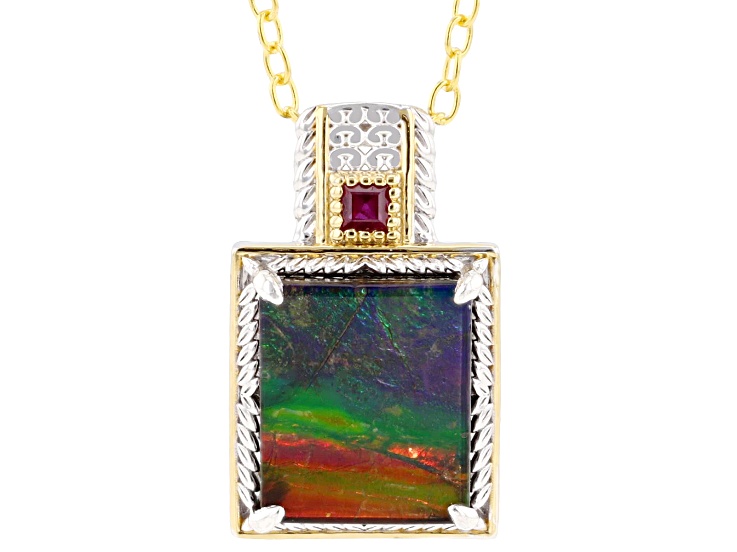 Ammolite Triplet With Ruby Rhodium And 24k Gold Over Palladium Sterling Silver Pendant With Chain