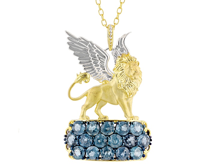 Teal Kyanite Rhodium And 24k Gold Over Palladium Sterling Silver Griffin Pendant With Chain 5.56ctw