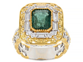 Grizzly Emerald And White Zircon Rhodium/24k Yellow Gold Over Palladium Sterling Silver Ring 2.91ctw
