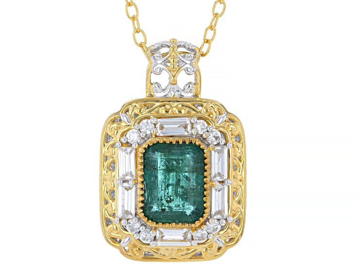 Grizzly Emerald, Zircon Rhodium/24k Yellow Gold Over Palladium Sterling Silver Pendant/Chain 2.91ctw