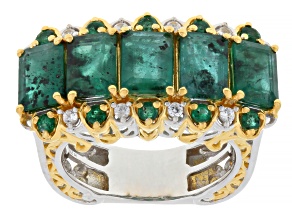 Grizzly Emerald With White Zircon Rhodium/24k Yellow Gold Over Palladium Silver Ring 5.01ctw