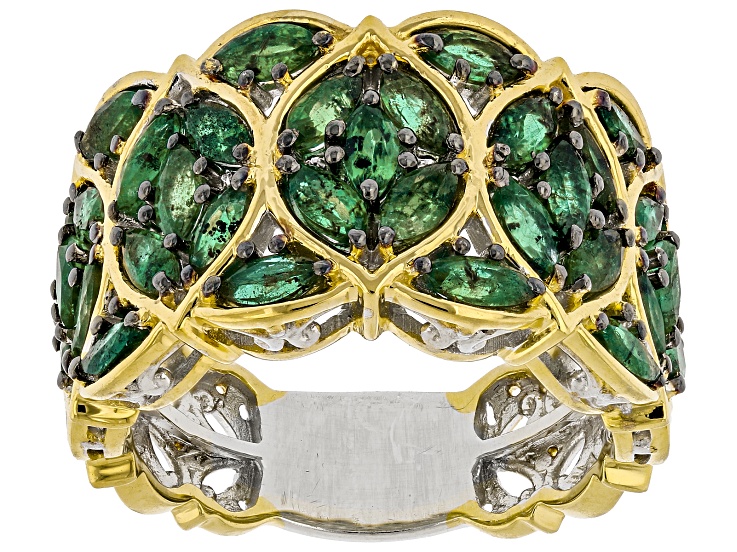 Grizzly Emerald Rhodium And 24k Yellow Gold Over Palladium Sterling Silver Band Ring 2.31ctw