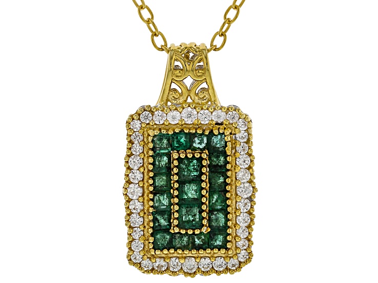 Square Grizzly Emerald, Zircon Rhodium/24k Yellow Gold Over Palladium Silver Pendant/Chain 1.54ctw