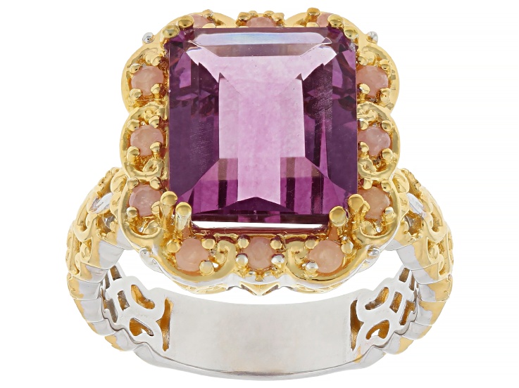 Fuschia Pink Fluorite & Rhodochrosite Rhodium/24k Gold Over Palladium Sterling Silver Ring 7.72ctw