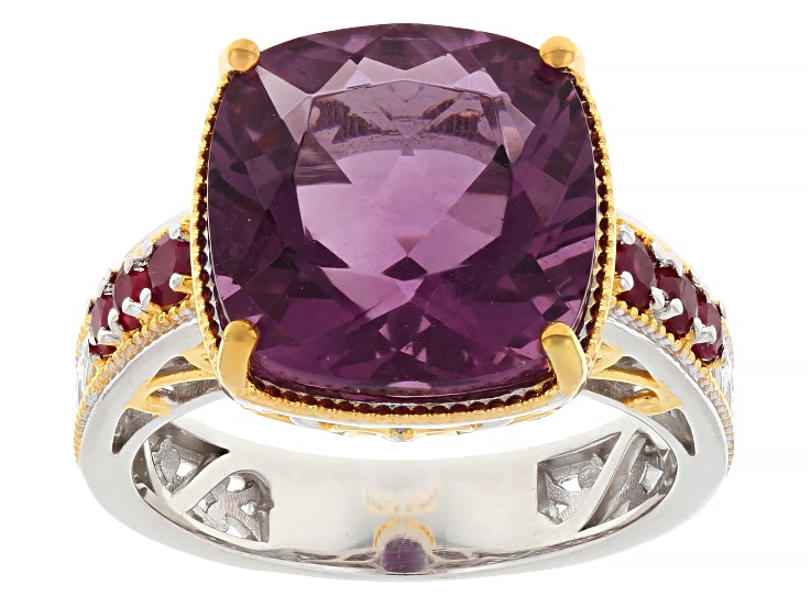 Fuschia Pink Fluorite & Ruby Rhodium/24k Yellow Gold Over Palladium Sterling Silver Ring 9.46ctw