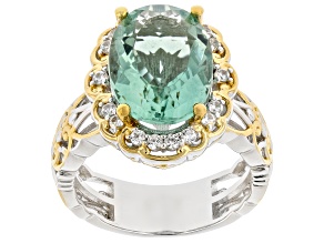 Mint Fluorite & White Zircon Rhodium & 24k Yellow Gold Over Palladium Sterling Silver Ring 7.20ctrw