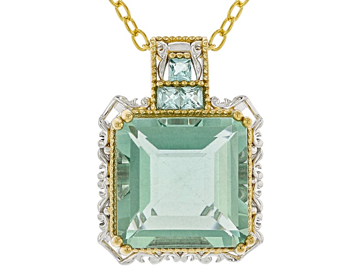 Mint Fluorite & White Zircon Rhodium/24k Yellow Gold Palladium Over Silver Pendant/Chain 9.58ctw