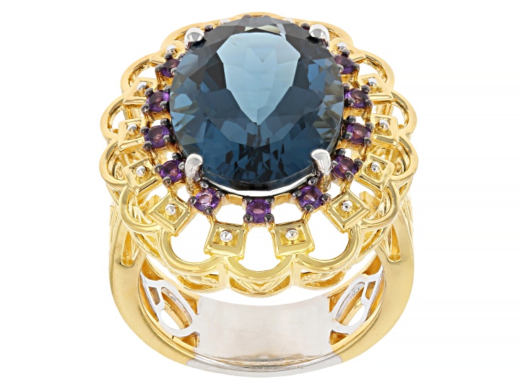London Blue Topaz, Amethyst Rhodium/24k Gold Over Palladium Sterling Silver Ring 11.98ctw