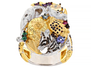 Multi-Gemstone Rhodium And 24k Gold Over Palladium Sterling Silver Safari Ring 0.62ctw