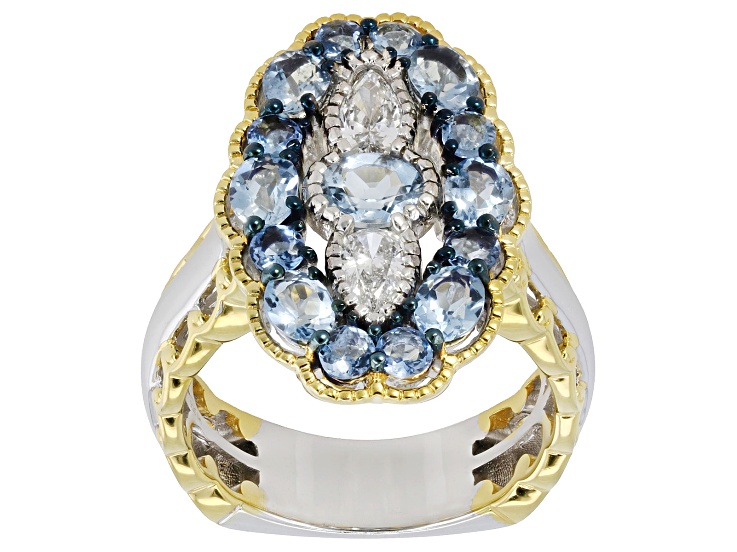 Santa Aquamarine, Lab Diamond Rhodium/24k Yellow Gold Over Palladium Sterling Silver Ring 2.01ctw