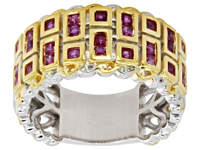 Ruby Squares Rhodium/24k Yellow Gold Over Palladium Sterling Silver Band Ring 0.81ctw
