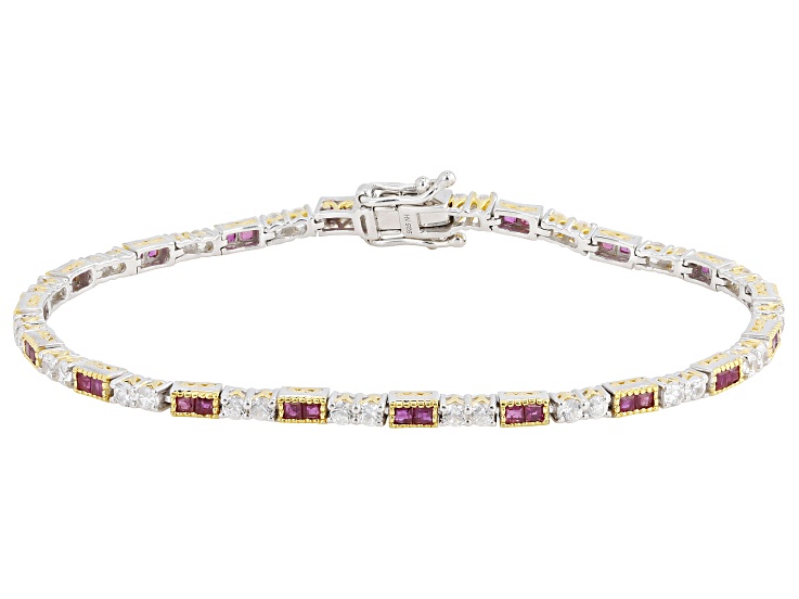 Ruby With White Zircon Rhodium/24k Gold Over Palladium Sterling Silver Tennis Bracelet 3.60ctw