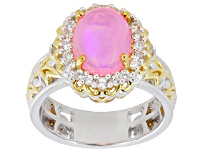 Pink Ethiopian Opal & White Zircon Rhodium/24k Yellow Gold Over Palladium Silver Ring 0.49ctw