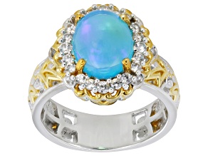 Paraiba Ethiopian Opal With Zircon Rhodium/24k Yellow Gold Over Palladium Sterling Silver Ring