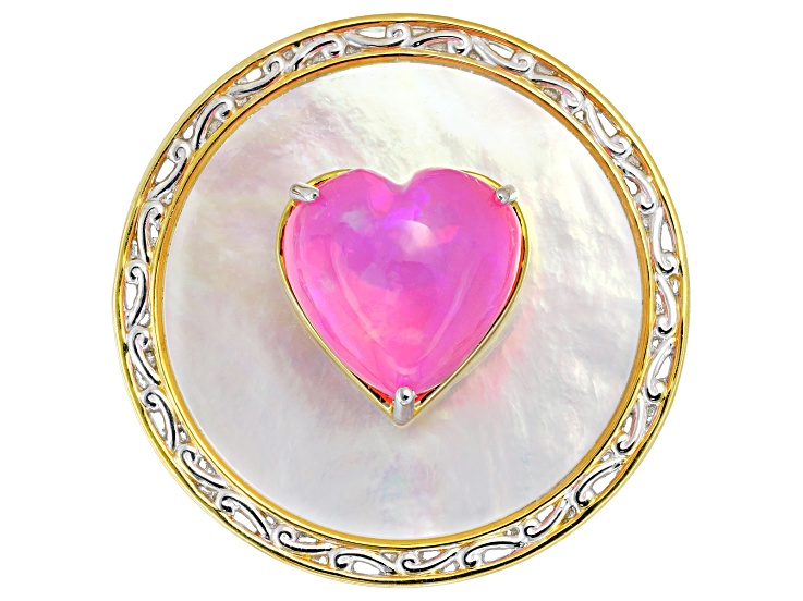 Pink Ethiopian Opal With Mother Of Pearl Rhod/24k Yellow Gold Over Palladium Sterling Silver Ring