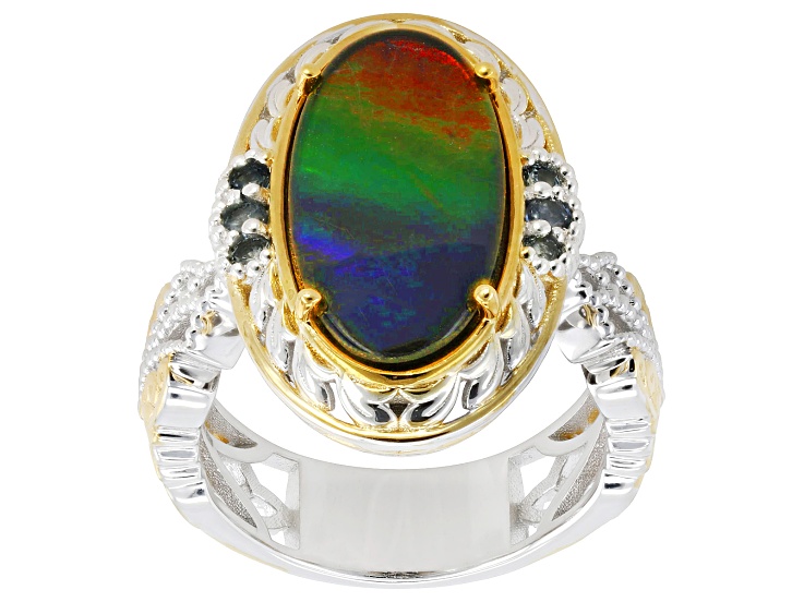 Ammolite Triplet With Montana Sapphire Rhodium/24k Yellow Gold Over Palladium Silver Ring 4.26ctw