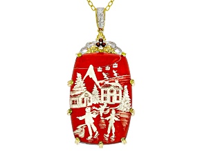 Carved Red Amber, Garnet Rhodium/24k Gold Over Palladium Silver Pendant With Chain .05ctw