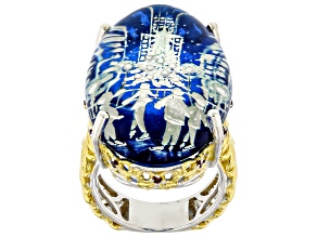 Carved Dyed Blue Amber & Garnet Rhodium/24k Gold Over Palladium Silver Skating in the City Ring