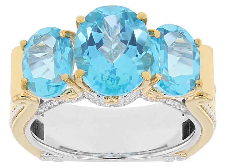 Paraiba Color Topaz Rhodium/24k Yellow Gold Over Palladium Silver Ring 6.03ctw