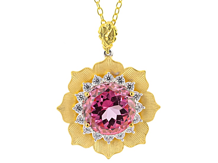 Pink Topaz & Zircon Rhodium/24k Yellow Gold Over Palladium Sterling Silver Pendant/Chain 11.05ctw