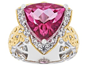 Pink Topaz & White Zircon Rhodium/24k Yellow Gold Over Palladium Sterling Silver Ring 7.37ctw